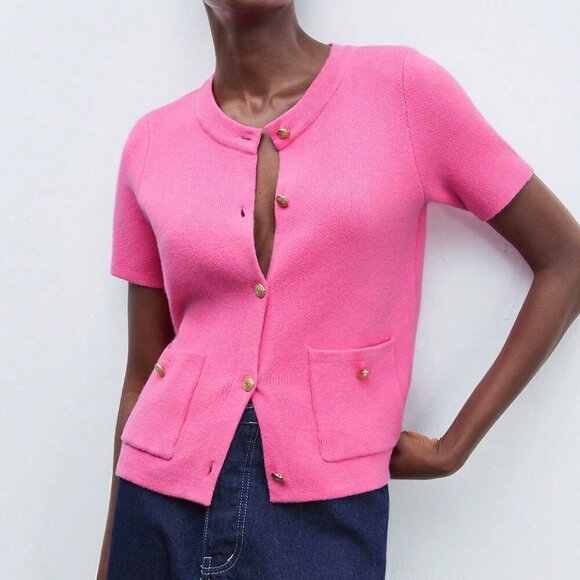 Hot Pink Casual Women's Knitted Elegant button down Cardigan - Picture 4 of 7